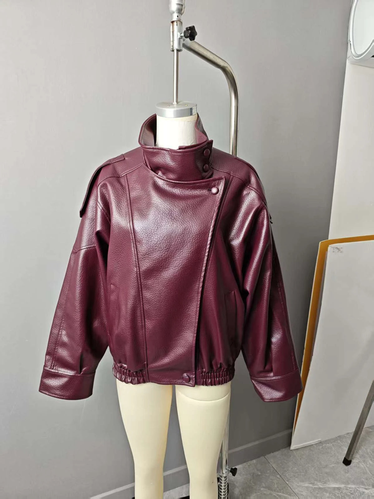 Women's Jacket New Black Long Sleeve Faux Leather Jacket Motorcycle Style Personality Fashion button and Zipper closure traf