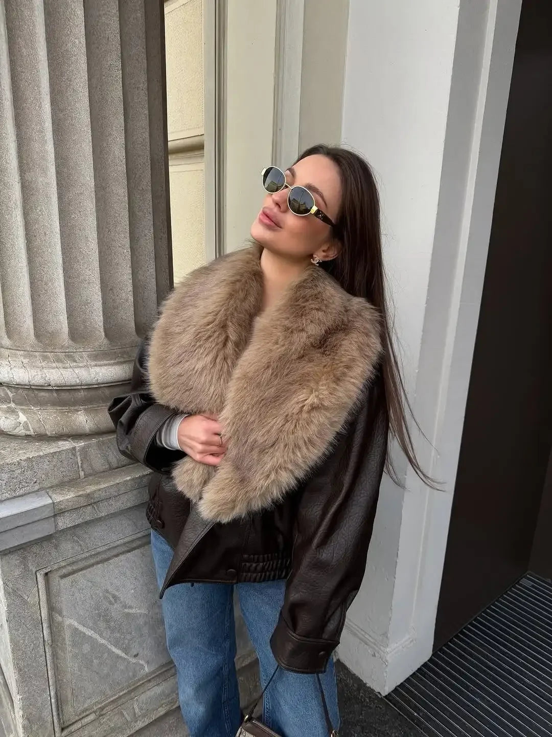 Women Collar Faux Fur Leather Jacket Pebbled Pu Cropped Coat Double Breasted Epaulet Loose Vintage  2026 Autumn Trendy Outerwear