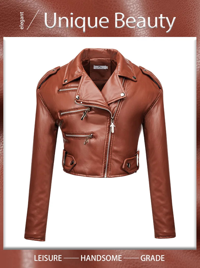 New Women slim short leather jacket plus cotton high waist long sleeve lapel diagonal zipper leather jacket pu motorcycle suit