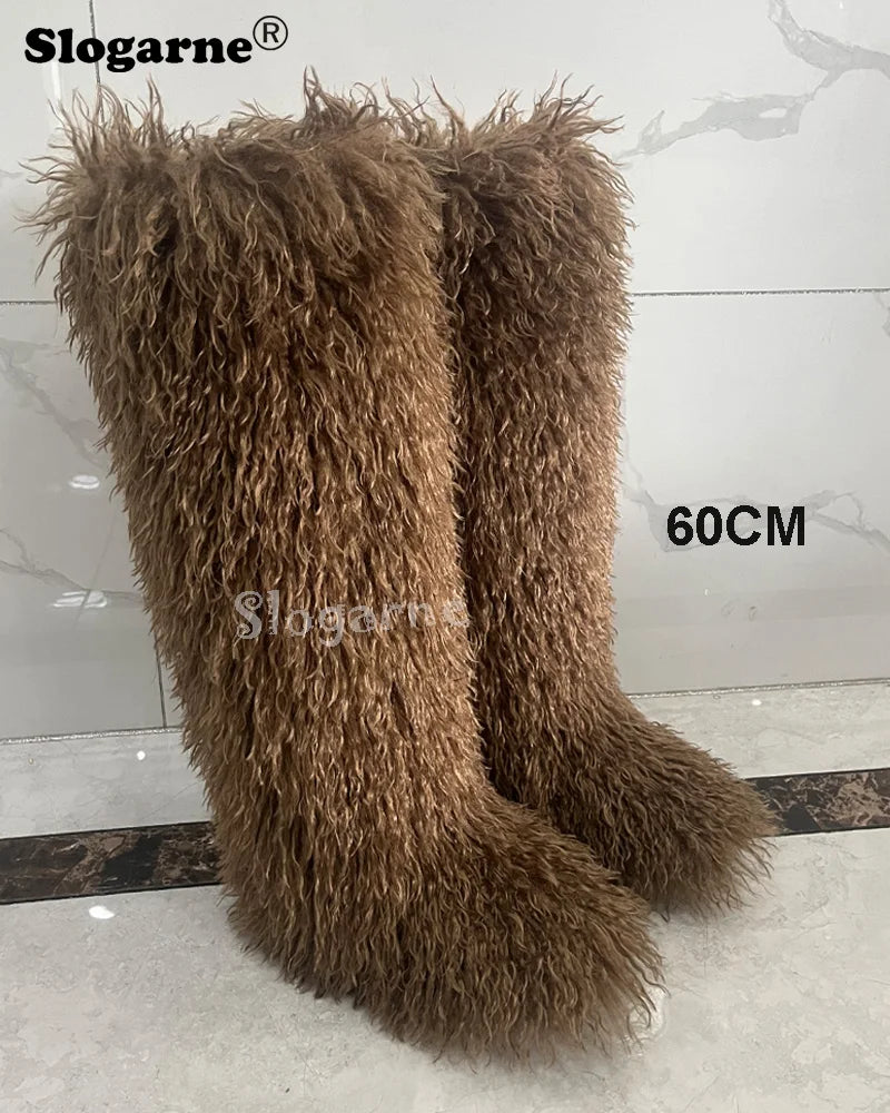 New Over The Knee Fur Boots Women Warm 72CM Long Faux Mongolian Fur Snow Boots Winter Luxury Fluffy Shoes Plush Platform Shoes