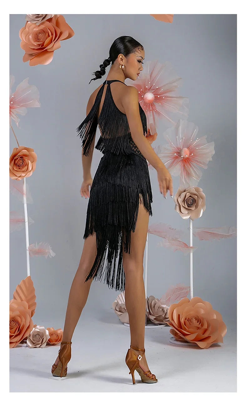 Women Backless Fringe Sexy Black Dress Cha Cha Rumba Samba Tango Dance Costume Prom Wear Latin Dance Copetition Dress