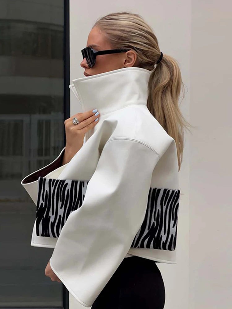 Street White Faux Leather Cropped Jacket Women Loose Stand Collar Wide Sleeve Coat 2026 Autumn Lady PU Motorcycle Daily Outwear