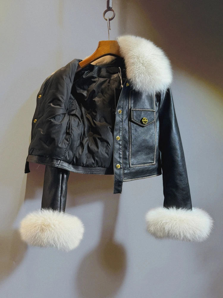 Temperament Black Leather Jacket Women 2026 Winter Real Fox Fur Short High Waist PU Leather Coat Slim-Fitting Coats