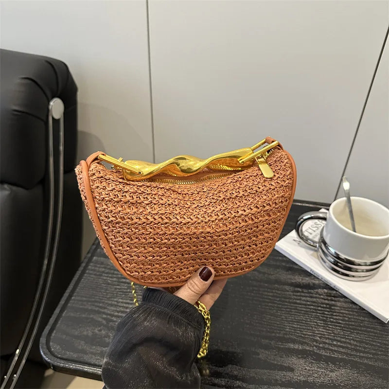Luxury Metal Handle Clutch Bag Women Exquisite Handmade Rattan Woven crossbody Bag Half-moon Beach Bags Roomy Straw Tote Bag