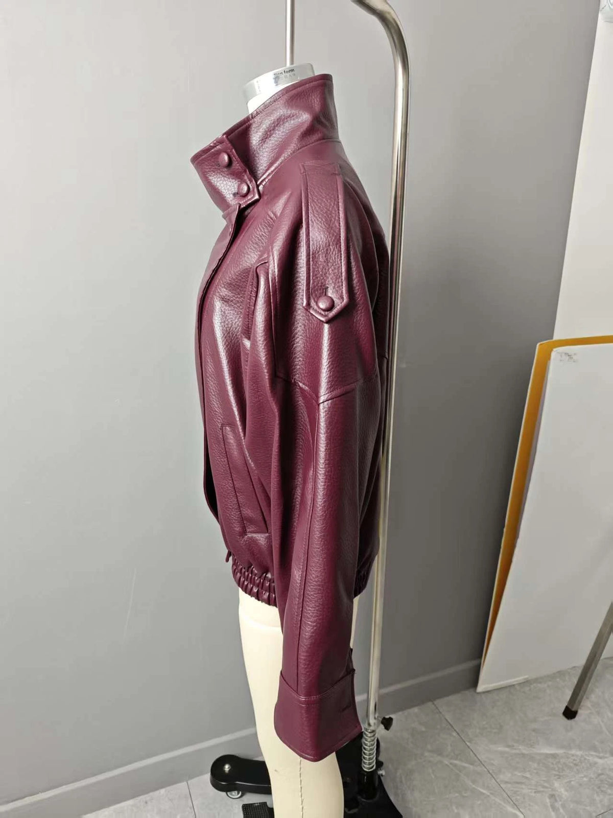 Women's Jacket New Black Long Sleeve Faux Leather Jacket Motorcycle Style Personality Fashion button and Zipper closure traf