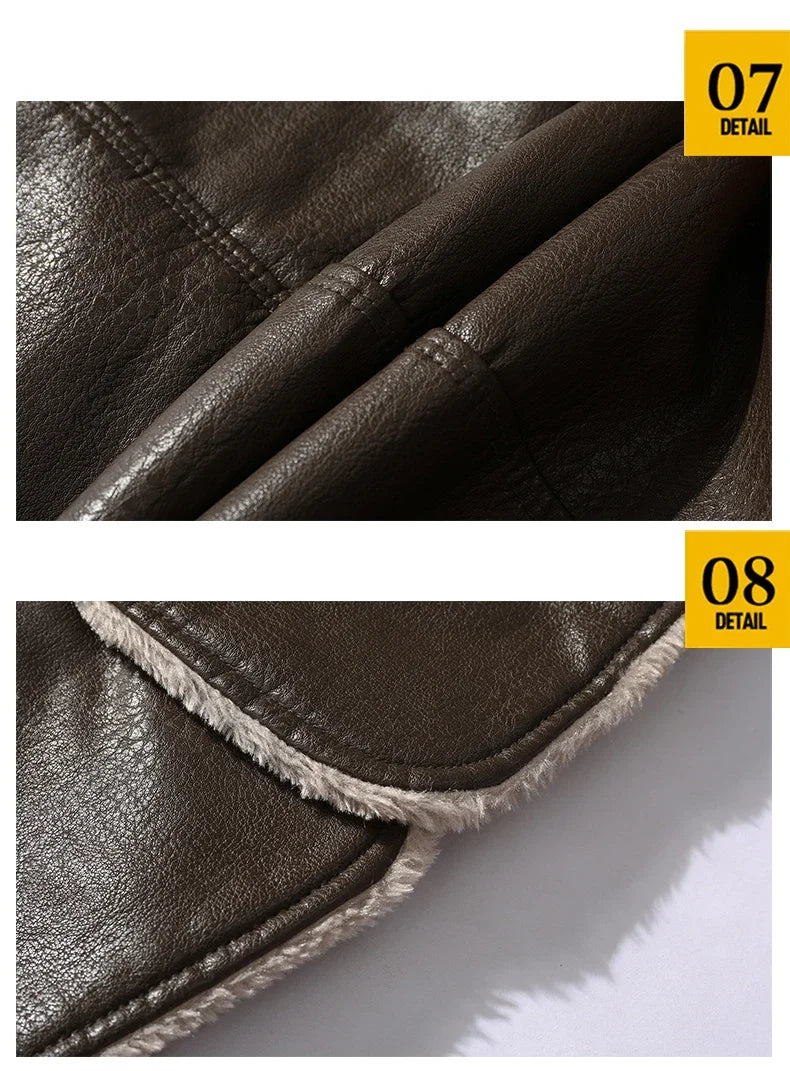 Men's Medium and Long PU Leather Jacket, Business Velvet Lapel Blazer, Single-Breasted Vintage Design Jacket