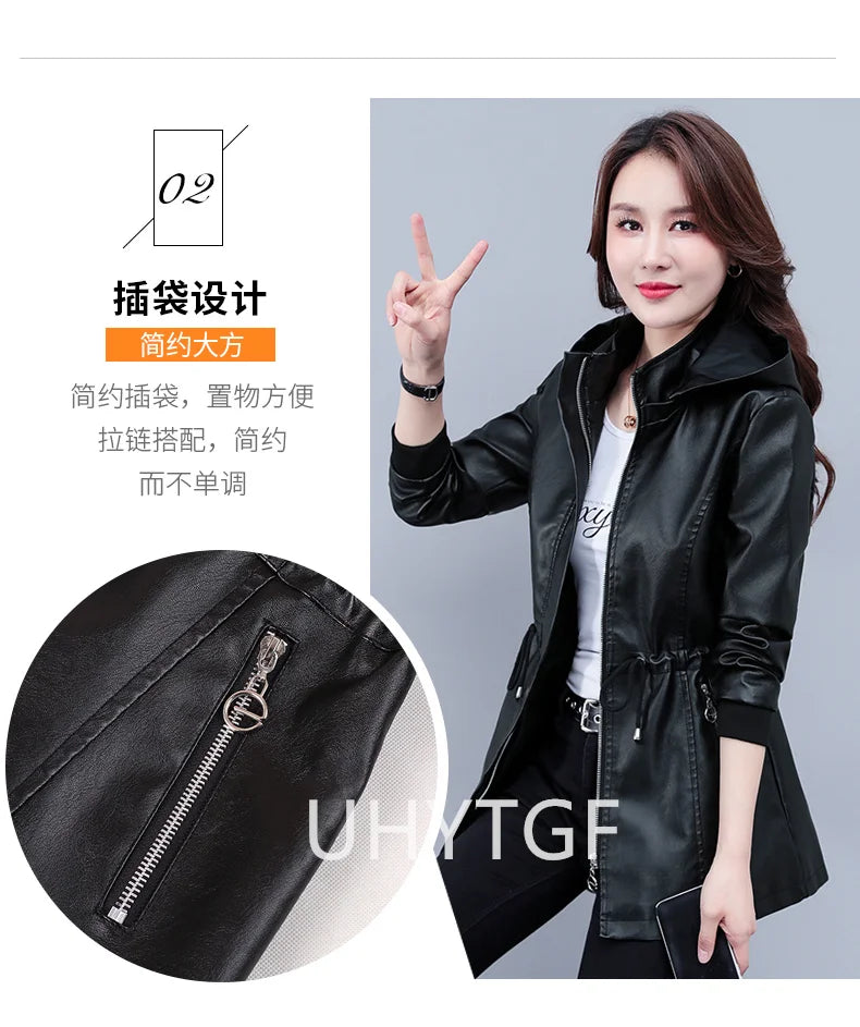 UHYTGF Fleece Winter Leather Female Quality Pu Leather Windbreaker Women Temperament Slim Warm 3XL Big Size Coat Deri Ceket 425