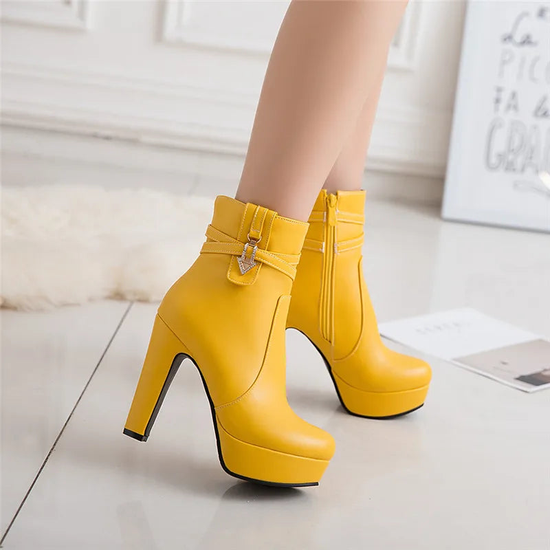 Women's White Ankle Boots Platform Shoes Fashion Buckle High Heels Yellow Black Autumn Winter Short Boot Ladies Large Size 50
