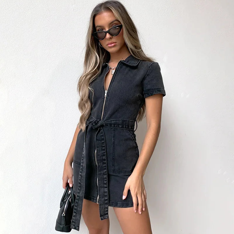 Denim Dresses Women Mini Dress Vintage Turn Down Collar Lace Up Zipper Pockets Distressed Summer Vestidos Streetwear 2025