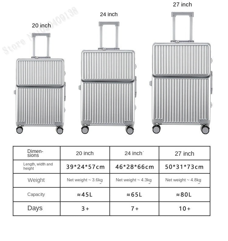 New 20'' Boarding Box Front Opening Suitcase Aluminium Frame 24/27 inch Rolling Luggage with Cup Holder Mobile Phone Holder