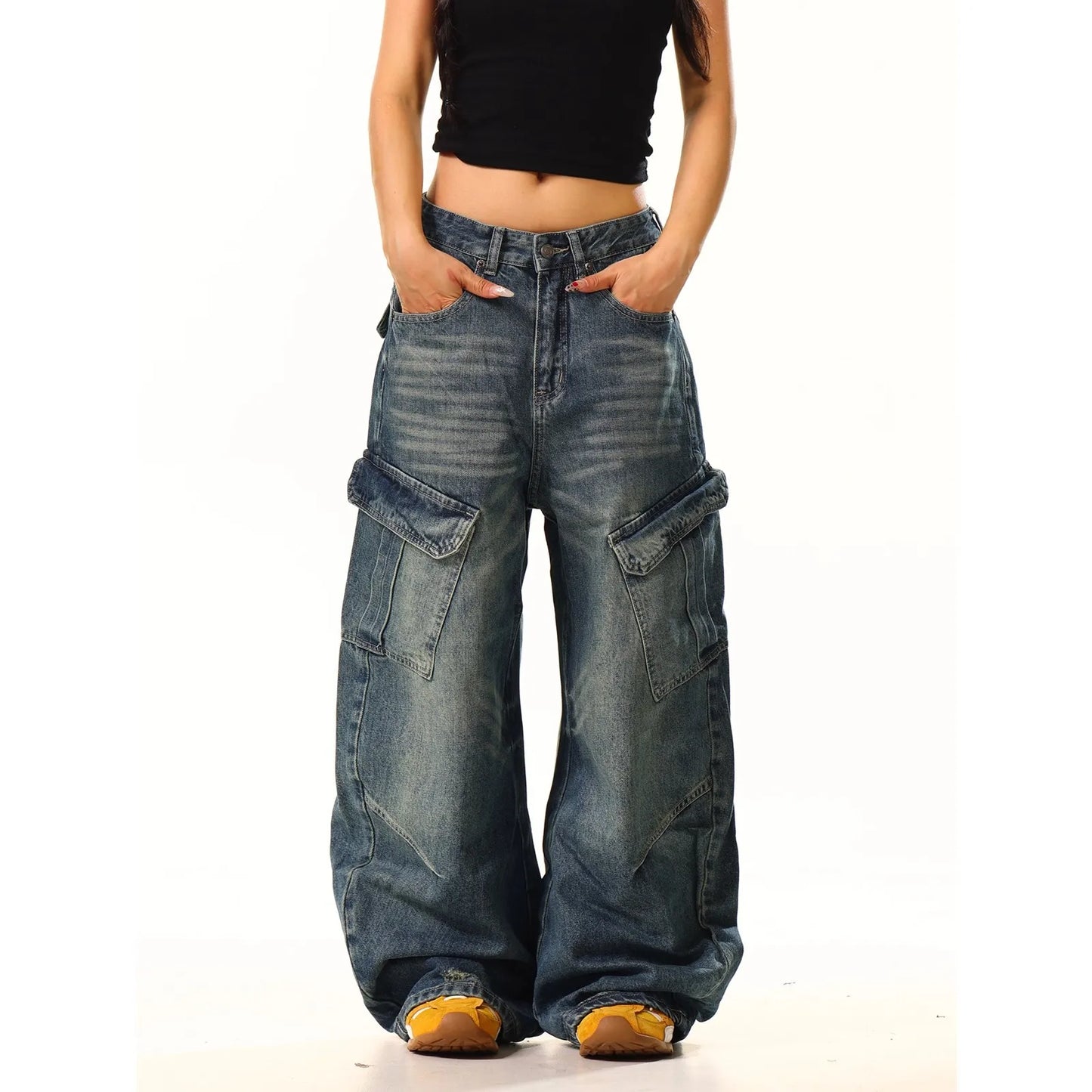 Washed American High Street Vintage Large Pocket Knife Jeans Men Women Loose Casual Long Pants Cat Drag Shape Jeans