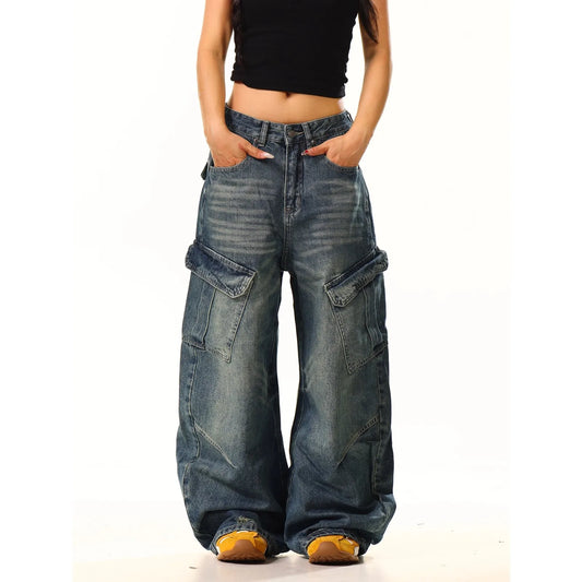 Washed American High Street Vintage Large Pocket Knife Jeans Men Women Loose Casual Long Pants Cat Drag Shape Jeans