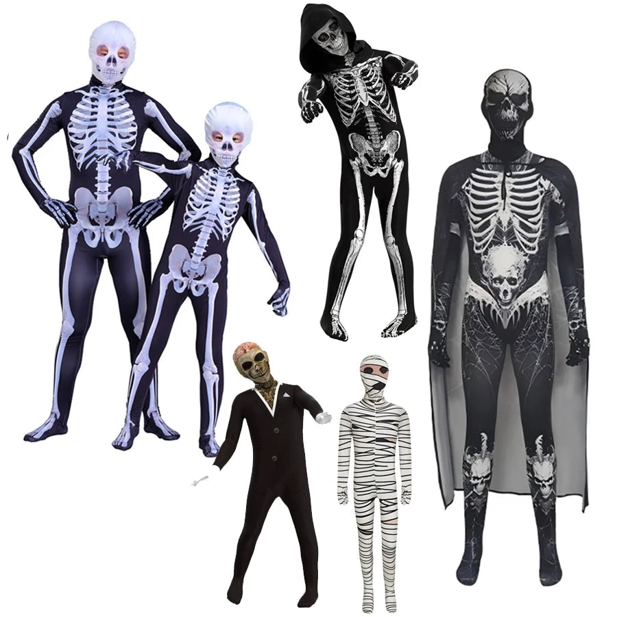 Halloween Costumes Ghost Skull Cosplay Jumpsuit for Kids Child Adults Scary Skeleton Bodysuit Halloween Mask Carnival Clothes