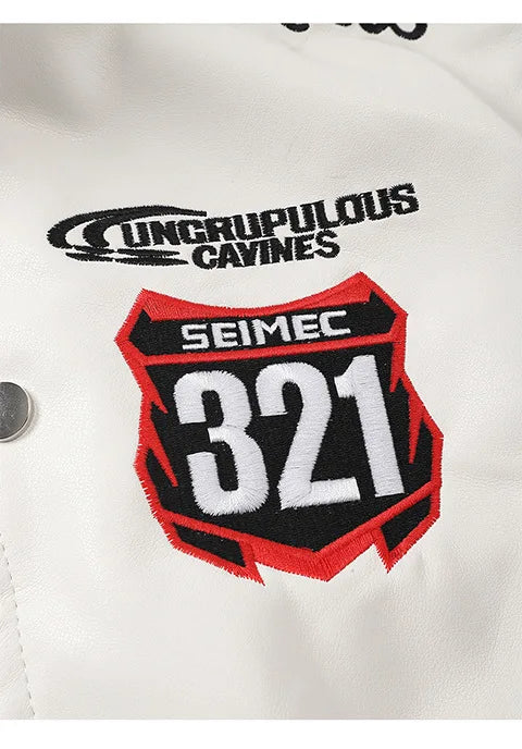 Women's Embroidered White PU Leather Jacket Motorcycle Wear Trendy Jazz Dance Autumn 2025 Collection New Arrival