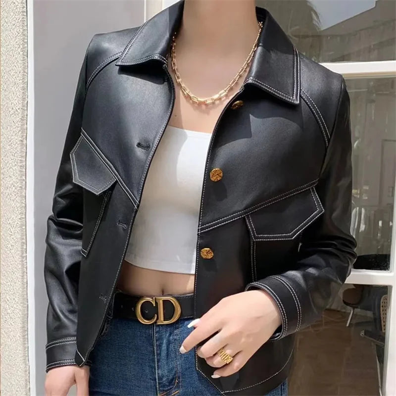 2026 Short PU Leather Coat Women's Spring Autumn New Jacket Ladies Fashion Outerwear Western Style Lapel Overcoat Leather Jacket