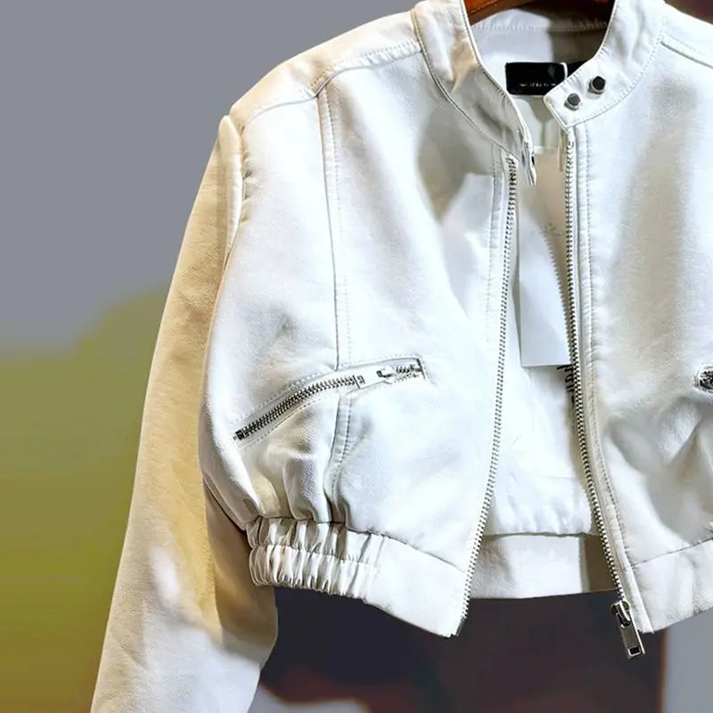 2025 Autumn New Handsome Versatile Short Motorcycle Jacket Top High Waist PU Leather Jacket for Women  Faux Fur Coat
