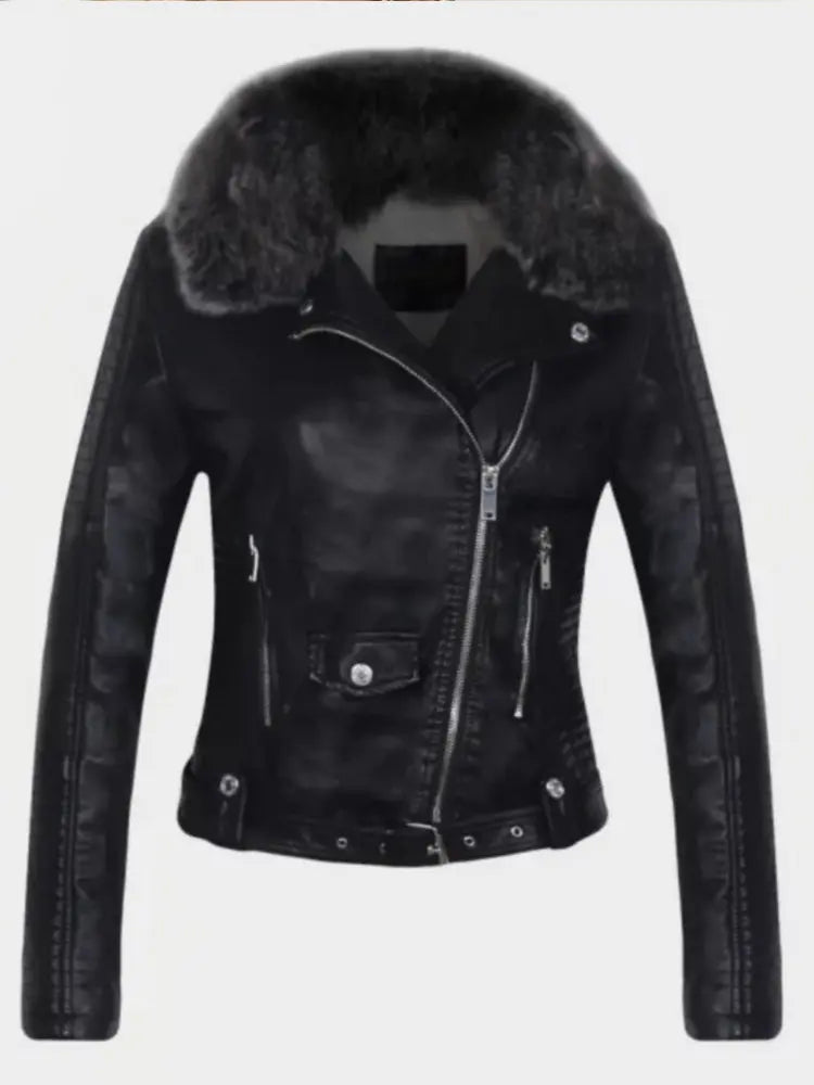 2026 Hot Fashion Women New Winter Warm Faux Leather Jackets with Fur Collar Belt Ladies Thick Black Moto & Biker Outerwear Coats