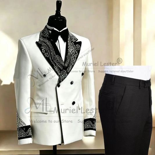 Luxury Wedding Suits For Man Sliver Rhinestone Beaded Label Prom Blazers Customized 2 Pieces Sets Groom Tuxedos Terno Masculinos