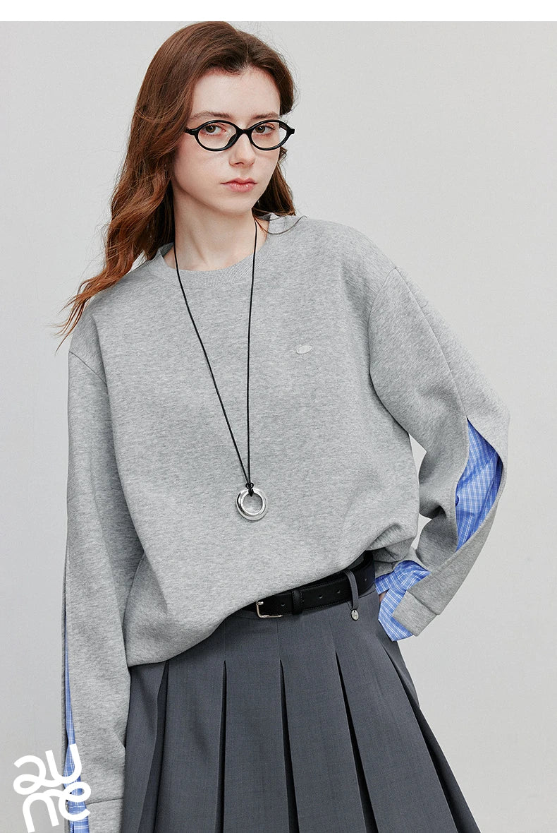 TOYOUTH Women Hoodies Sweatshirt 2025 Autumn New Patchwork Design Round Neck Long Sleeve Pullover Casual Tops