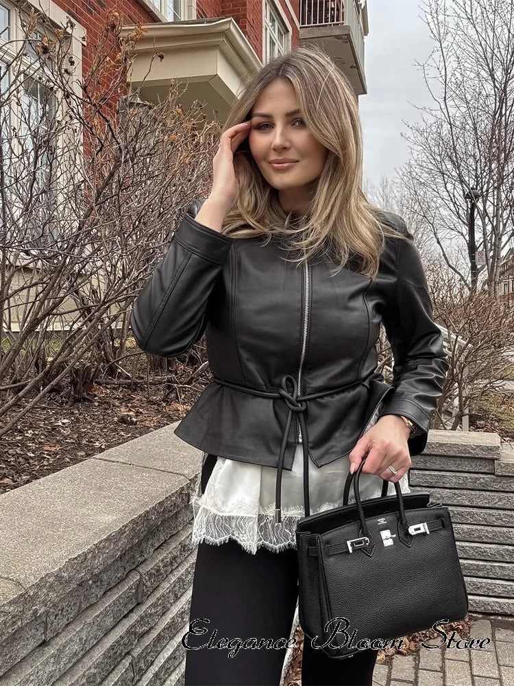 Women's Faux Leather Jacket Black Zip Front Drawstring Peplum Hem Slim Elegant Outerwear Fashion Daily Street Casual Short Coat