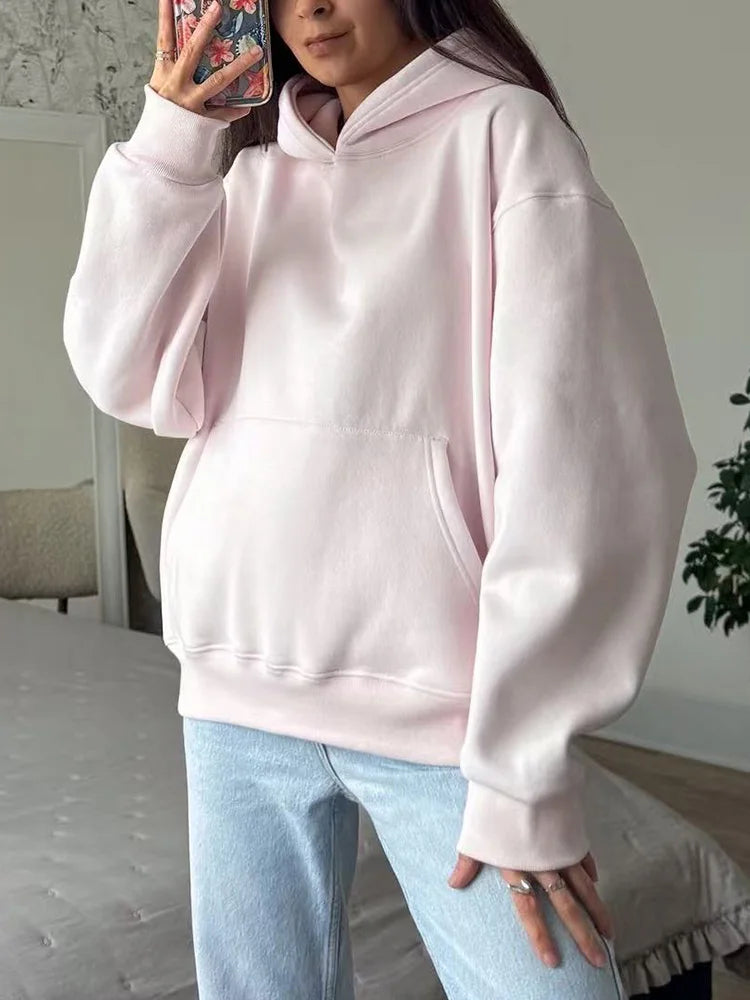 Winter Warm Hoodies Oversized For Women With Fleece Inside Yellow Thick Sweatshirts With Hooded Women Pink Hoodies Velvet Winter