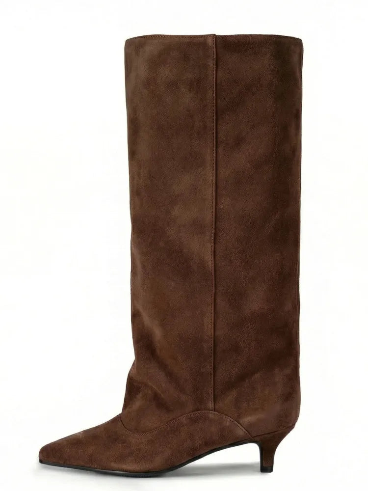 Women's Spring and Autumn New Cat Heel Wide Knee Knee Boots Fashion Pointed Women's Low Heel Mid Heeled Boots