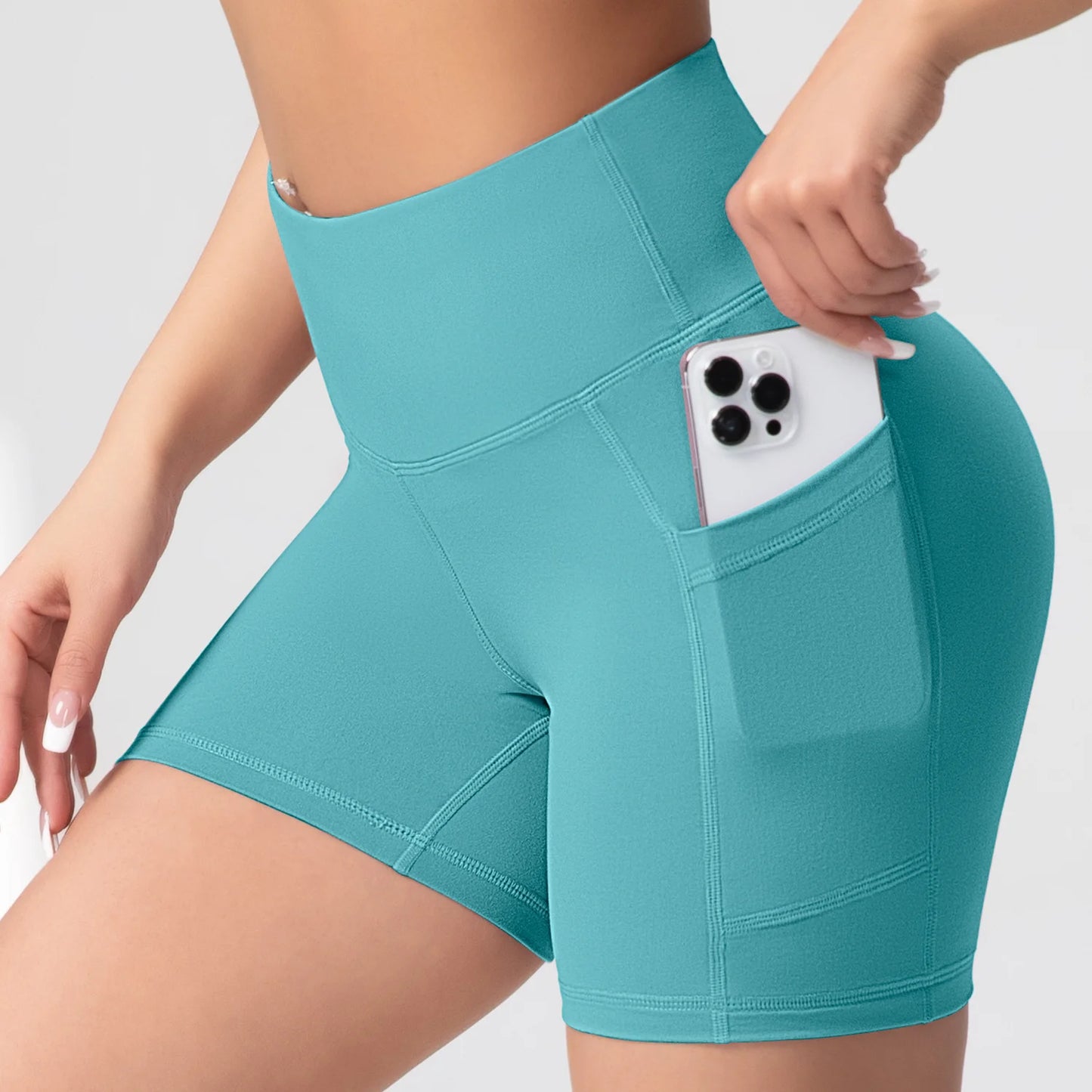 CHRLEISURE Yoga Shorts with Pockets High Waist Butt Lifting Cycling Tight Elastic Slim Running Fitness Women Shorts Sportswear