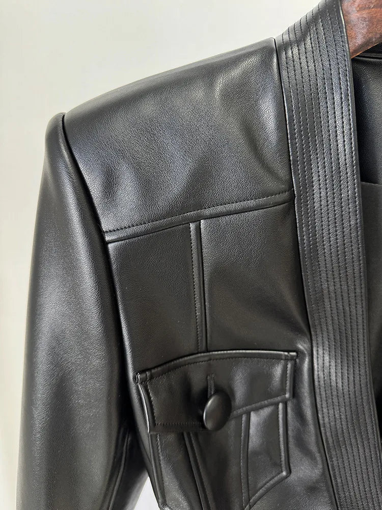 2026 new luxury and fashionable women's clothing belt slim fit leather jacket with multiple pockets motorcycle fashion jacket