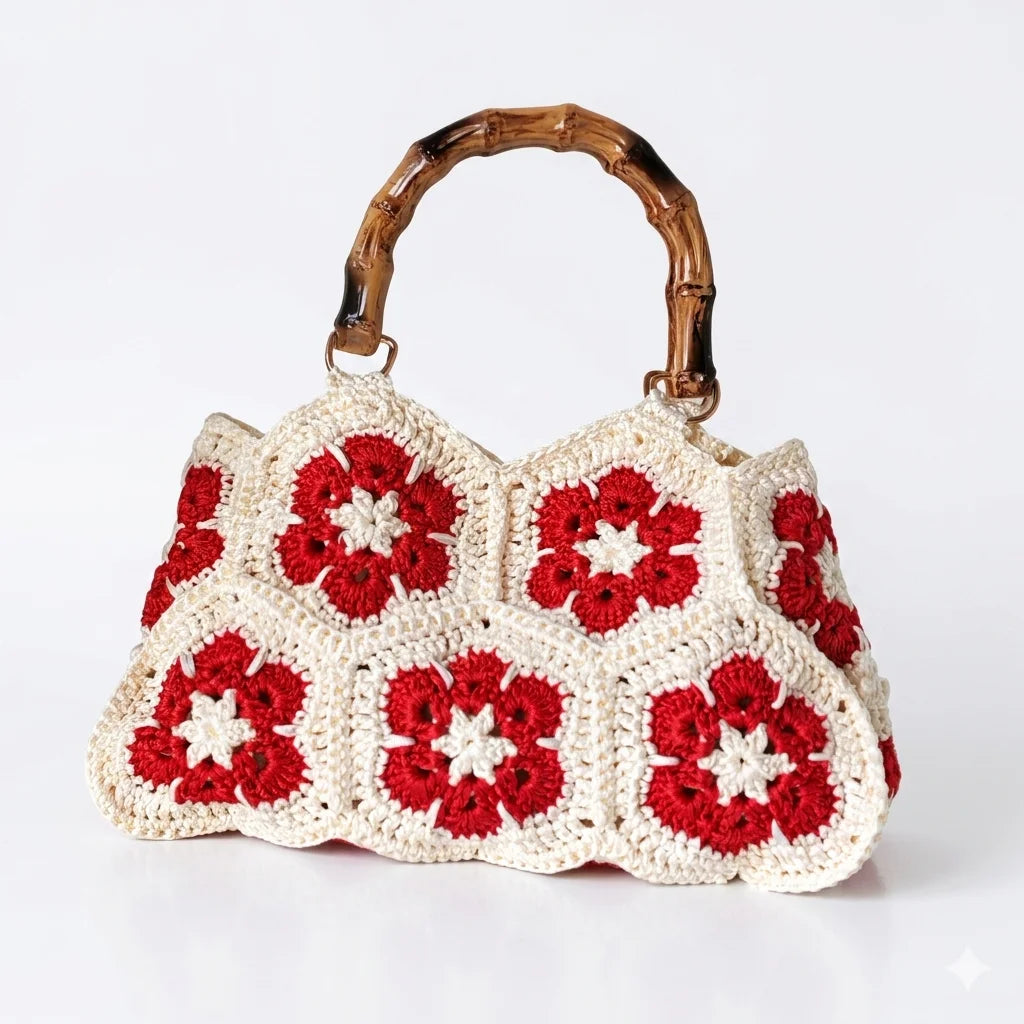 Handmade Crochet Granny Square Tote Bag with Bamboo-Style Handle, Vintage Woven Flower Pattern Shoulder Purse for Women