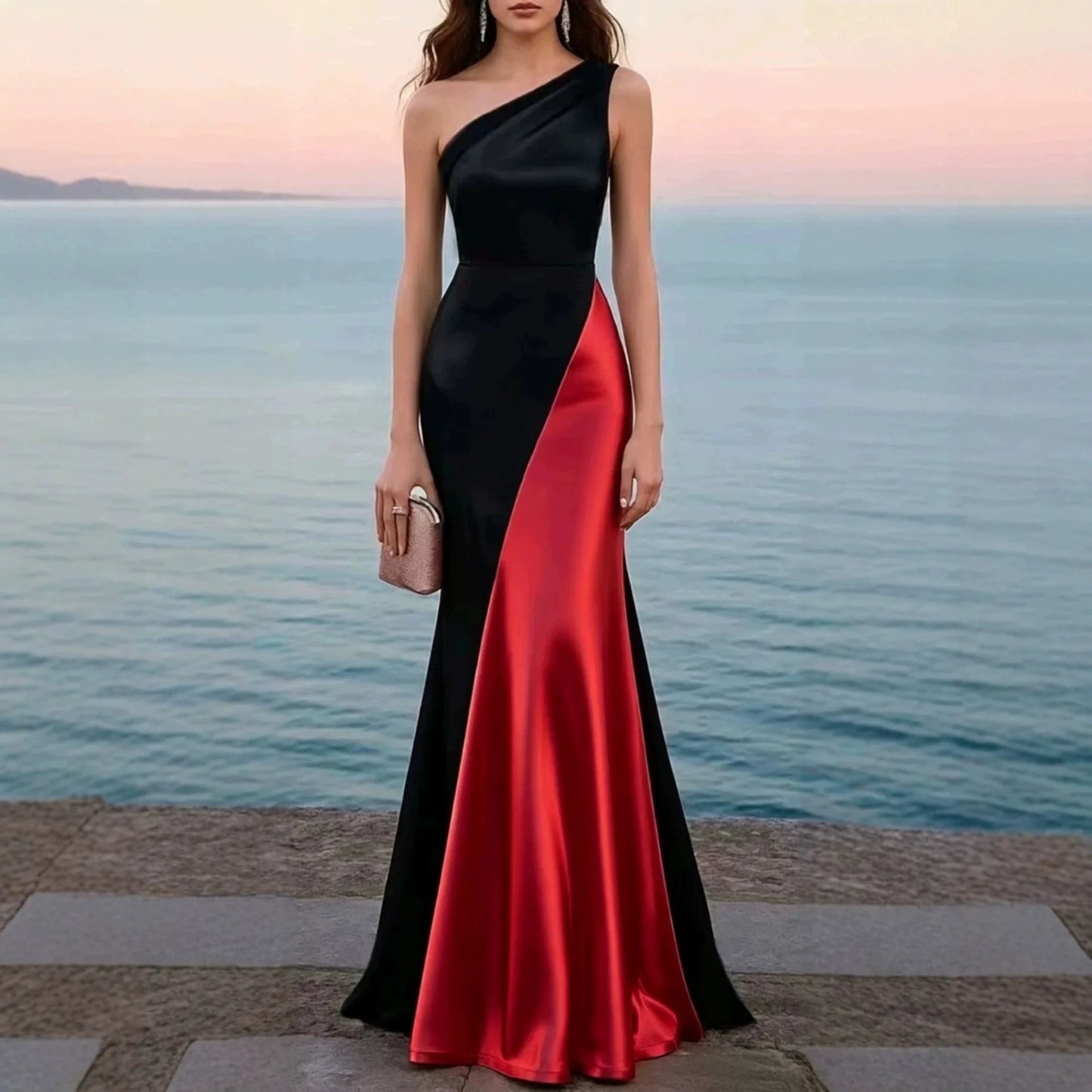 Women Luxury Satin One Shoulder Long Dress Black Red Patchwork Bodycon Mermaid Gown for Birthday Cocktail Wedding Guest Evening