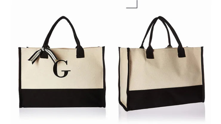 A-Z Canvas Totes bag Fashion Canvas Tote Letters Flower Portable Beach Shoulder Shopping Casual Beach Bag Large Capacity Handbag