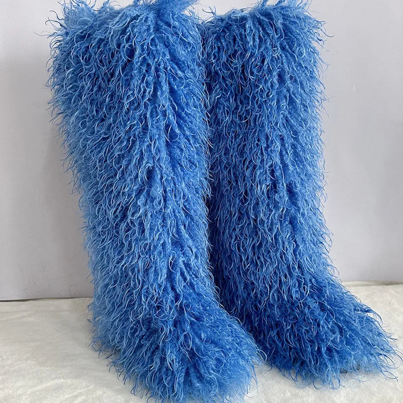 New Over The Knee Fur Boots Women Warm 72CM Long Faux Mongolian Fur Snow Boots Winter Luxury Fluffy Shoes Plush Platform Shoes