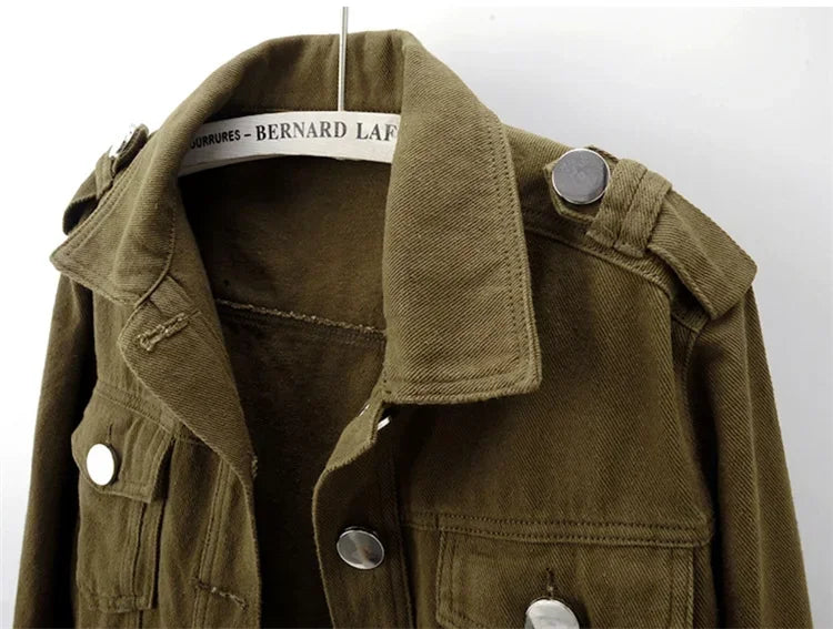 Spring Vintage Army Green Black Khaki Denim Jacket Women Hem Belt Big Pocket Cowboy Outerwear Loose Short Jeans Jackets Female