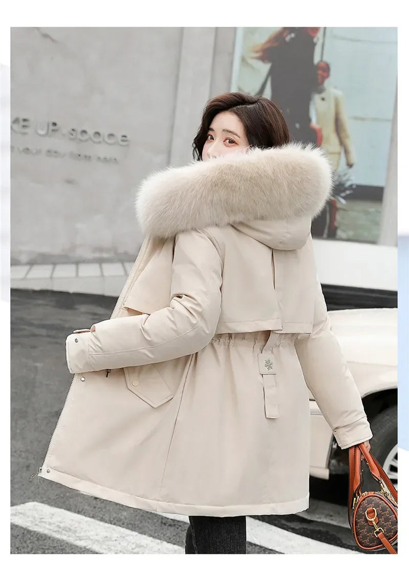 Winter Coat Low Price On Sale Women Beige Add Wool Thick Warmth Fur Hooded Parkas Jacket 2026 New Fashion Belt Slim Cotton Coat