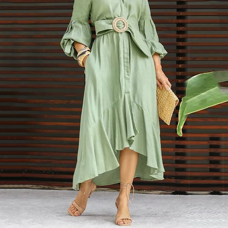 Elegant Dresses for Women Fashion Solid Lantern Sleeve Ruffle Hem Pocket Design Belt Maxi Dress Office Ladies Temperament Dress