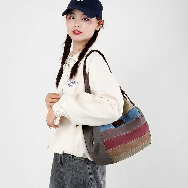 Canvas patchwork Female Top-Handle Bag Women Shoulder Bag Vintage Ladies Commuting Handbags