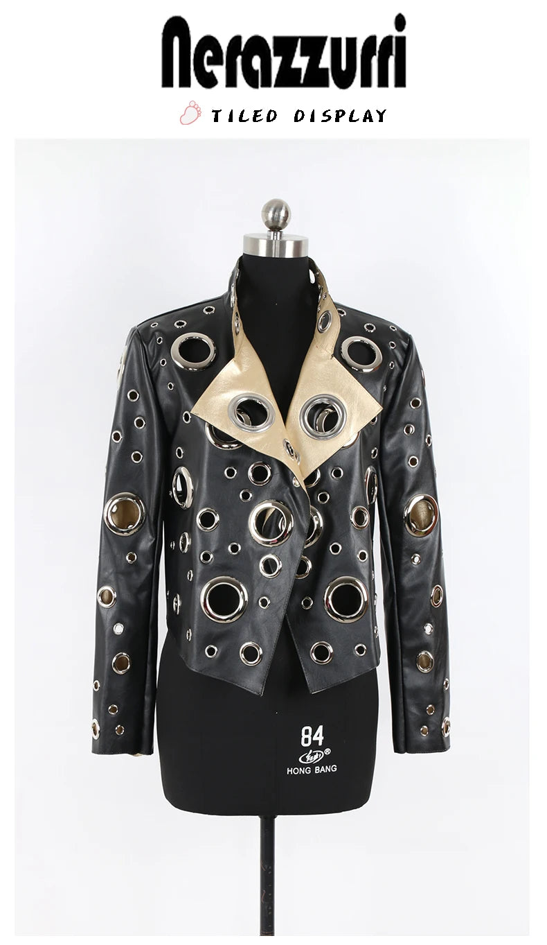 Nerazzurri Spring Autumn Short Hollow Out Pu Leather Jacket Women Rivet Cool Stylish Luxury Designer Clothes Runway Fashion 2024