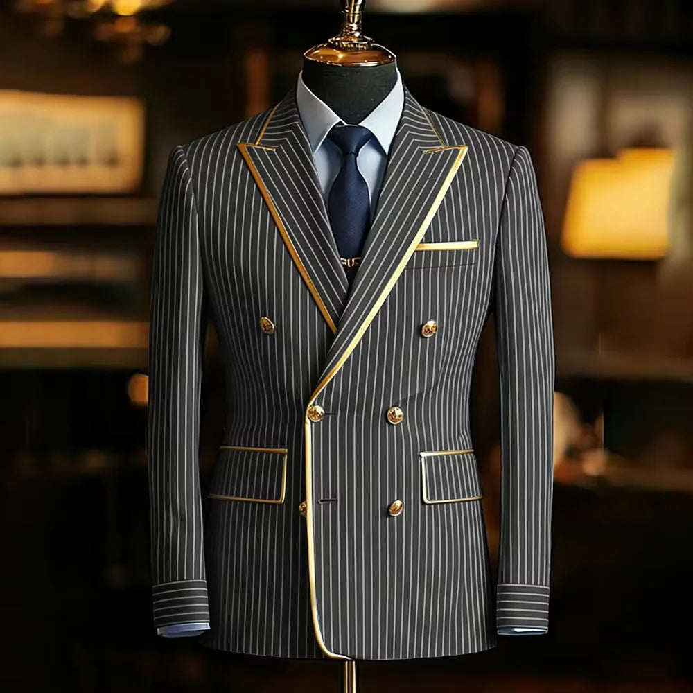Men's Pinstripe Blazer Double Breasted Slim Fit Peaked Lapel With Gold Trim Formal Suit Jacket  For Groomsman Wedding Prom Hot
