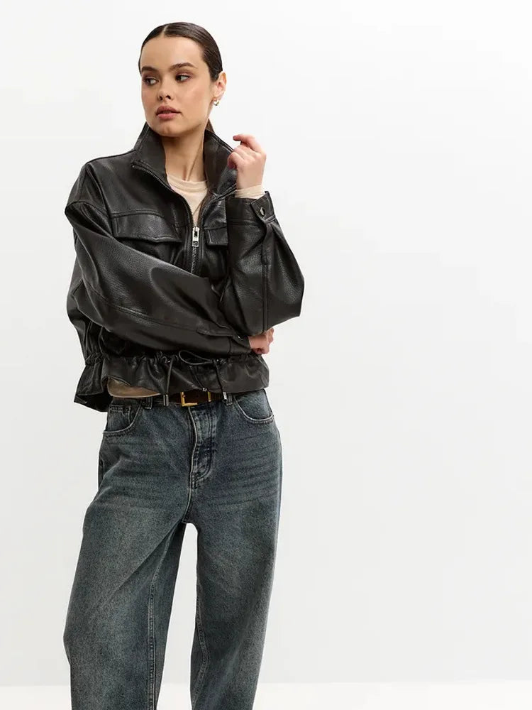 LGRQ Stand‑Collar Long Sleeve Biker Faux Leather Jacket Women Vintage Drawstring Waist Cropped Outerwear 2026 Autumn 19DB3772