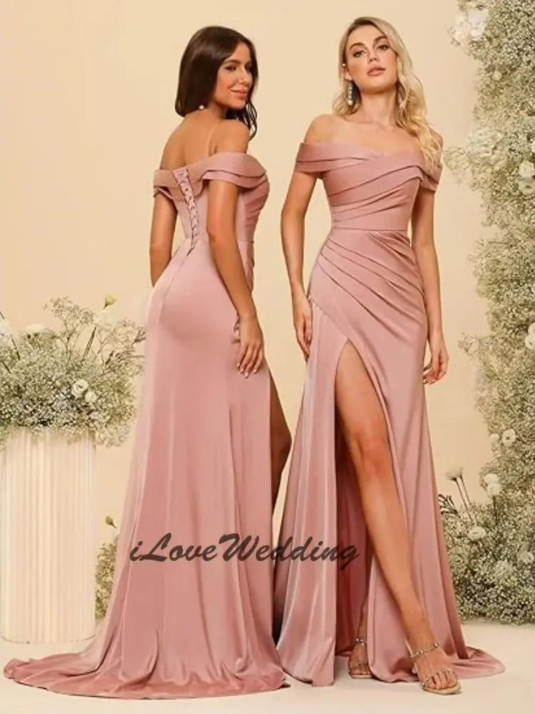 Women's Wedding Bridesmaid Dress Sleeveless off Shoulder Prom Dress Sweep Train Solid Color Satin Side Split Skirt Customized