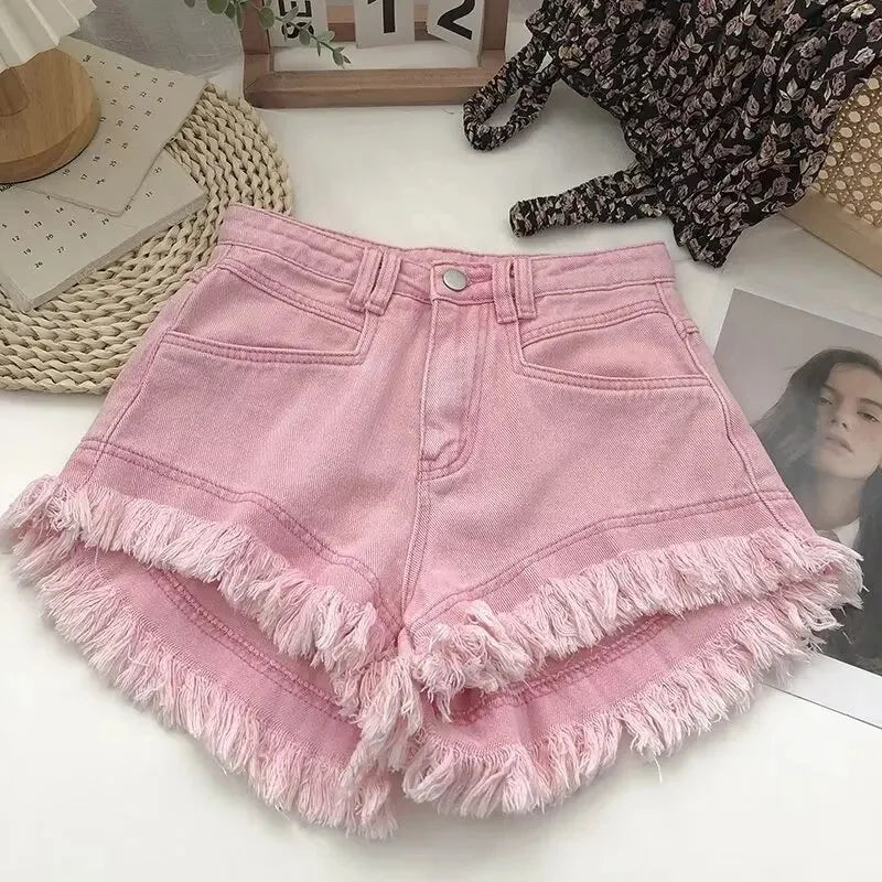 Pink Reddened Fringed Denim Shorts Women's Summer New Niche Slimming High-Waisted Spicy Girl A- Line Wide Leg Heat Pants
