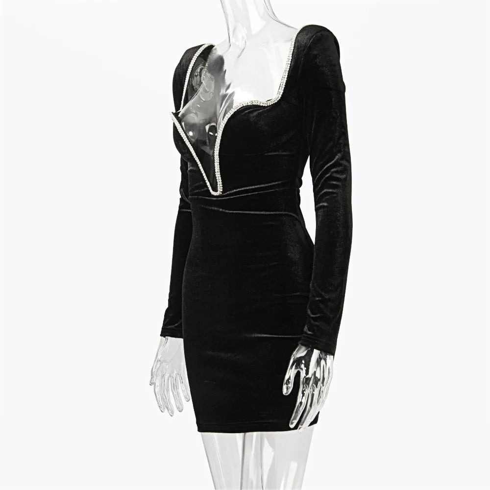 Mozision Long Sleeve Sexy Deep V Neck Wired Diamante Crystal Padded Should Bodycon Outfits Women Winter Velvet Party Dress