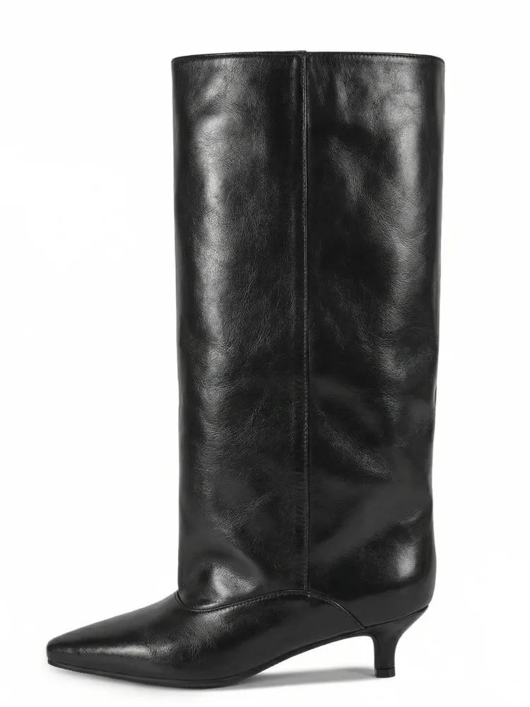 Women's Spring and Autumn New Cat Heel Wide Knee Knee Boots Fashion Pointed Women's Low Heel Mid Heeled Boots