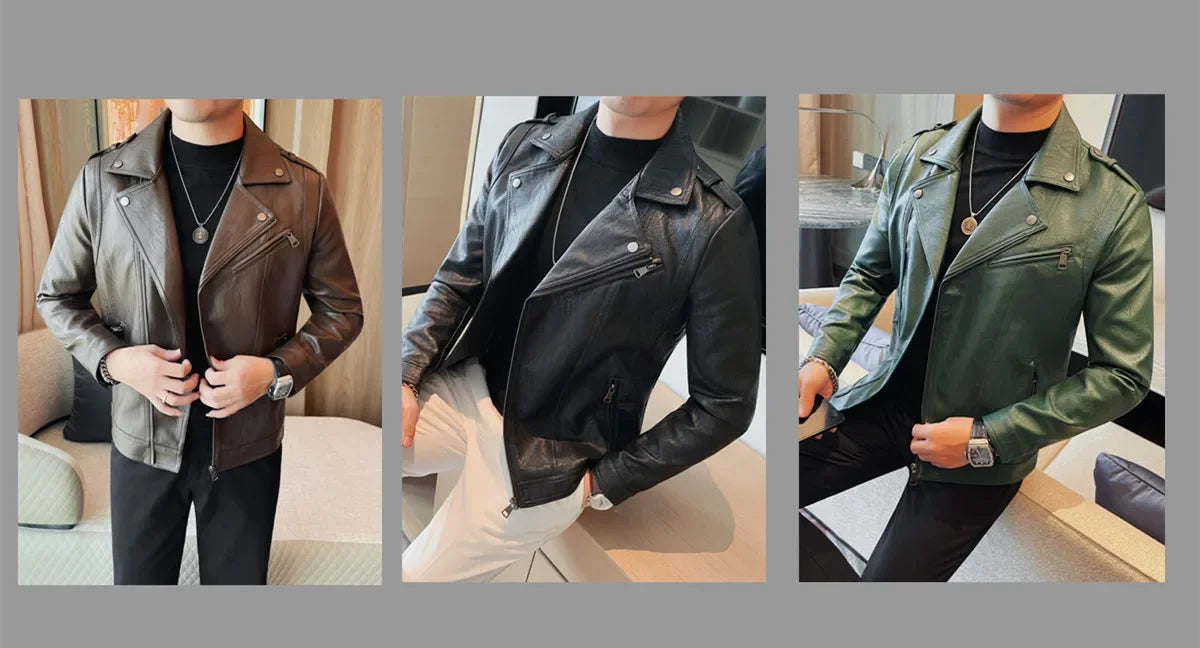 Men High Quality Faux Leather Jacket Vintage Oblique Zipper  Slim Fit Motorcycle Outwear Male Autumn Winter PU Leather Coats