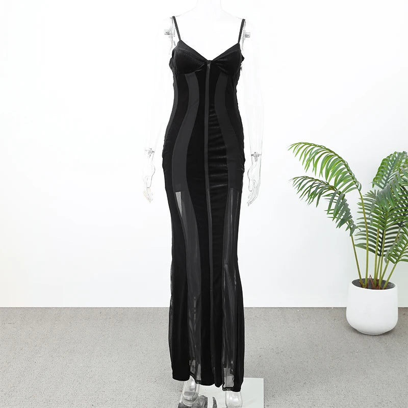 Women Black Velvet Sheer Maxi Dress Sexy Chic Mesh Patchwork Off-shoulder Waist Cinching Slim Maxi Dresses 2026 Club Party Gowns