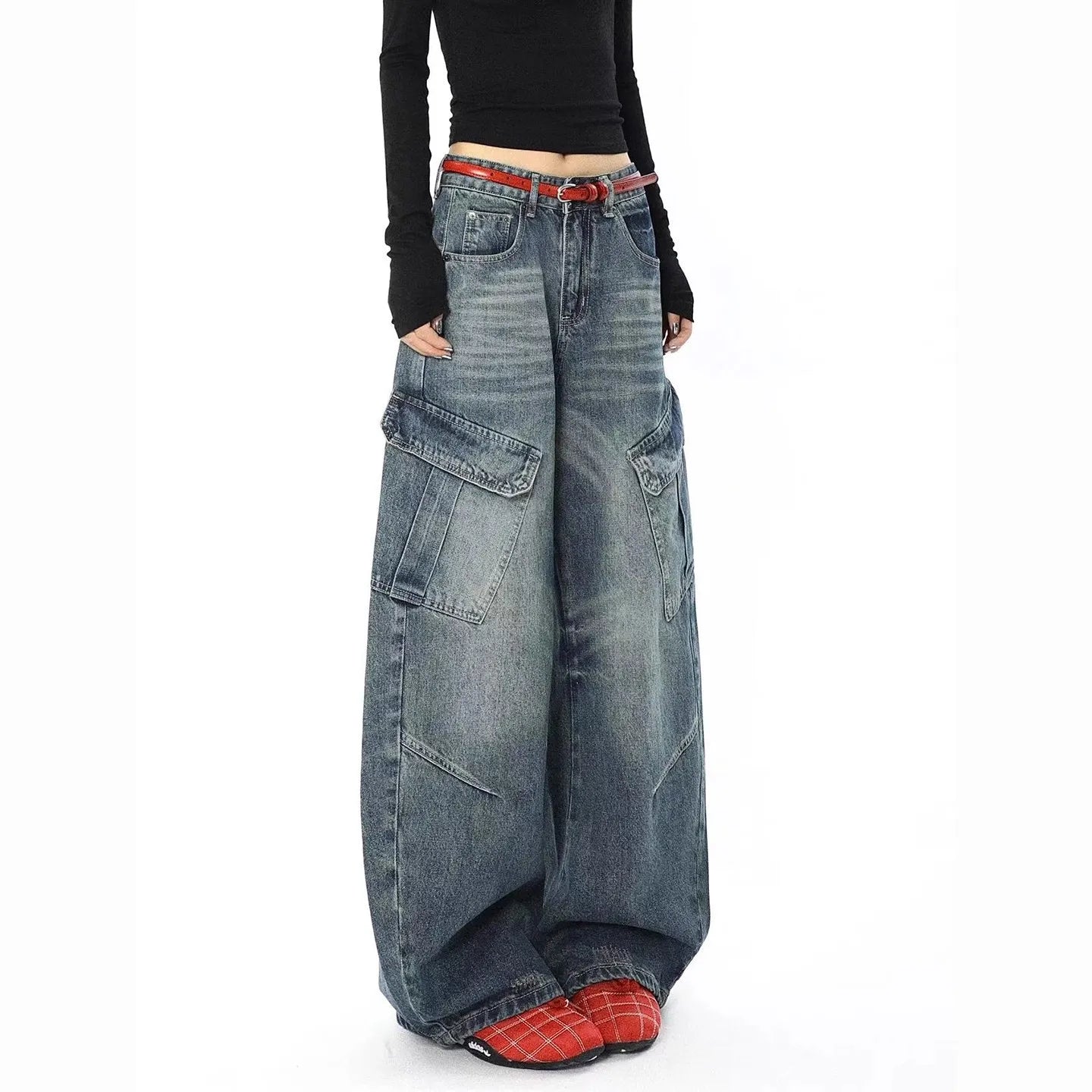 Retro American Straight Leg Loose Fit Wide Leg Workwear Jeans Men's Women's Knife Design Multi-Pocket Casual Loose Drapey