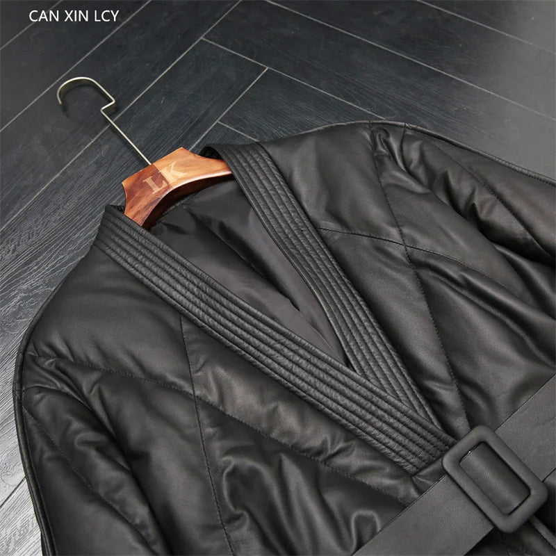 High End Leather Jacket New Women Autumn Winter Long PU Leather Windbreaker With Belt Female Down Cotton Coat Thick Warm Parkas