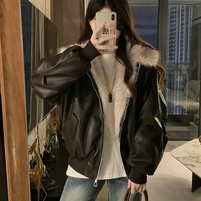 Winter Thick Warm Fleece Hooded Jacket Women Korean Fashion Loose Zipper Leather Coats Chic Full Faux Fur Lined Bomber Outerwear