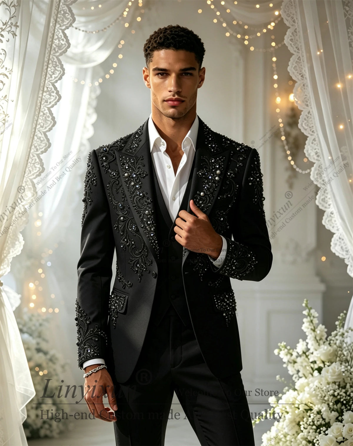 Elegant Diamond  Men Suits Set 3 Pcs Blazer Pants Trousers Luxury Wedding Tuxedo Formal Business Groom Coat Customized
