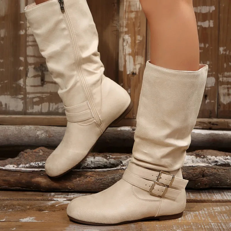 Spring Autumn Fashion Pleated Design Round Toe Women's Knee High Boots 2026 New Trend Buckle Strap Comfort Soft Sole Women Shoes